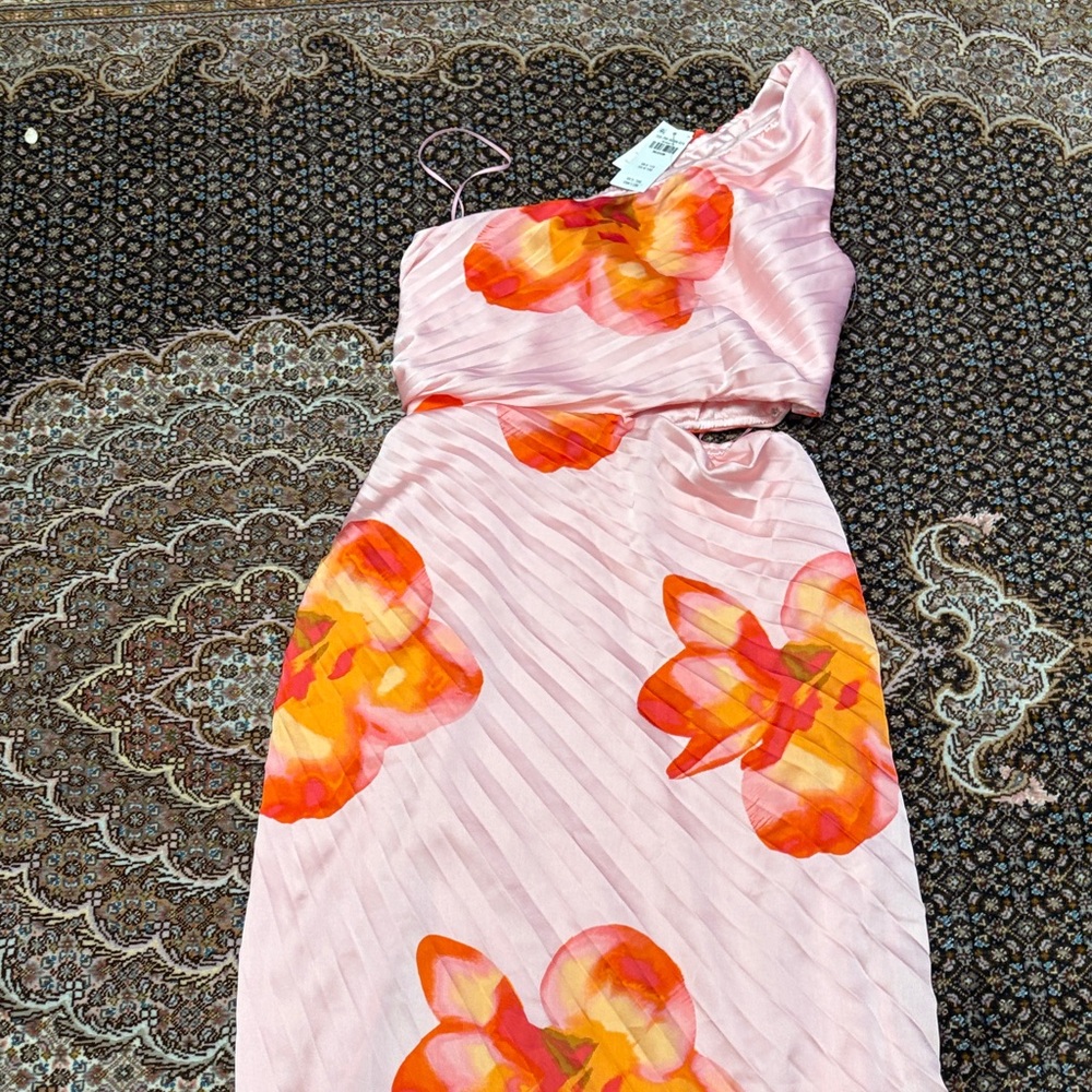 Pink One-Shoulder Dress with Floral Design
